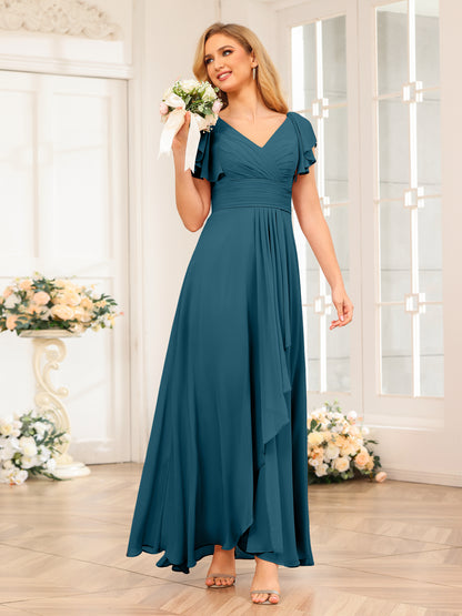 Forme Princesse Col V Longue Robes de soirée de mariage avec Volants