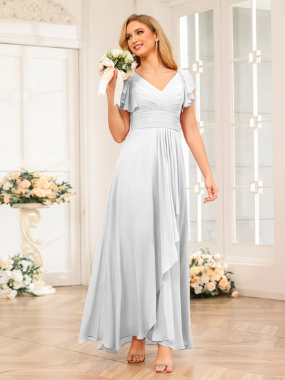 Forme Princesse Col V Longue Robes de soirée de mariage avec Volants