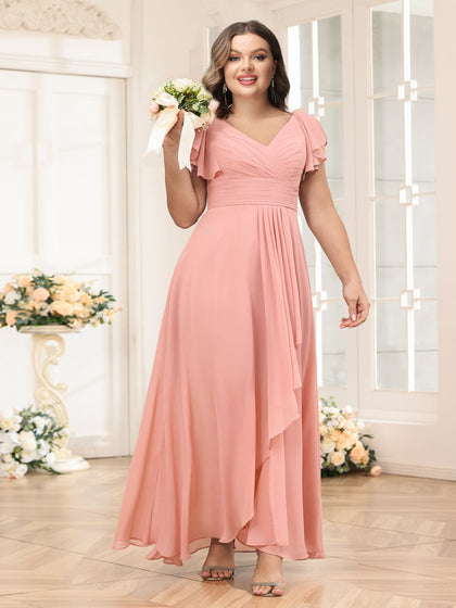 Robe de Mariée Longue Grande Taille, Coupe Trapèze/Princesse, Col en V avec Volants