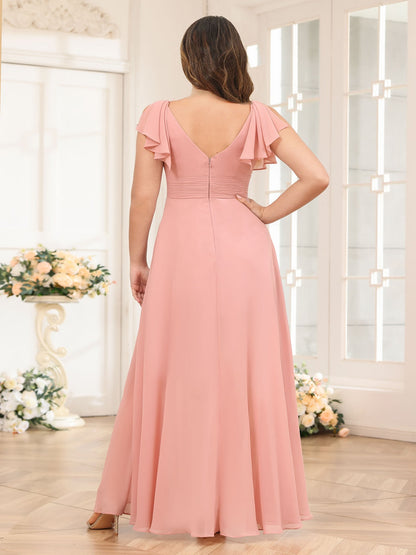 Robe de Mariée Longue Grande Taille, Coupe Trapèze/Princesse, Col en V avec Volants