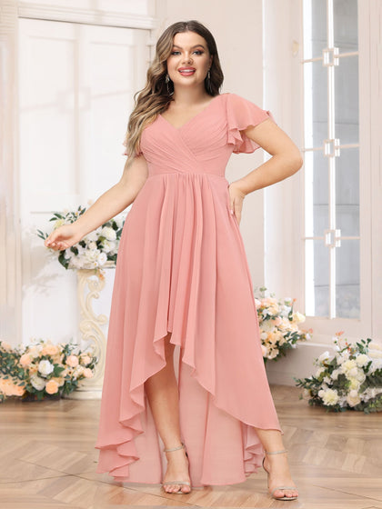 Robe de Mariée Longue Grande Taille, Coupe Trapèze/Princesse, Col en V avec Volants