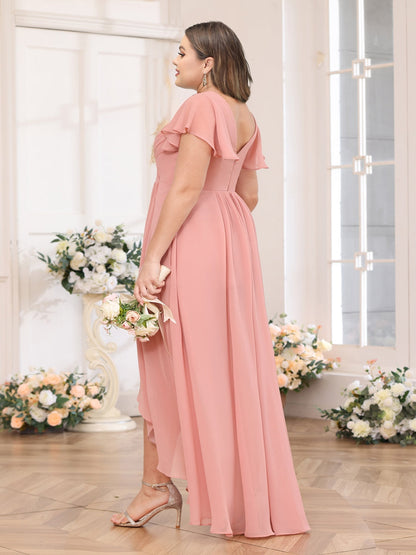Robe de Mariée Longue Grande Taille, Coupe Trapèze/Princesse, Col en V avec Volants