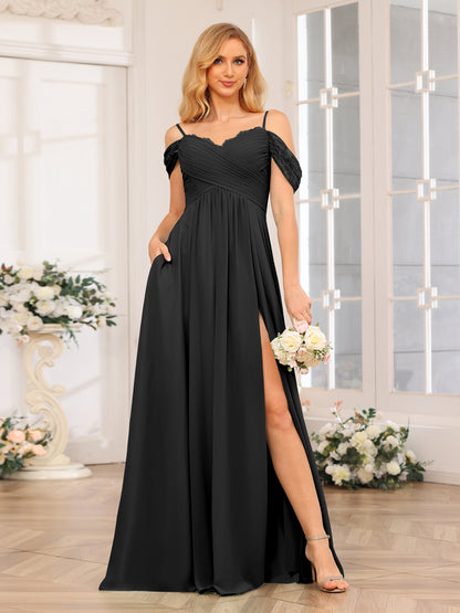 Forme Princesse Bretelles spaghetti Longue Robes de soirée de mariage avec Côté fendu et poches