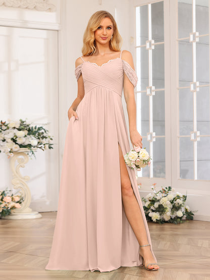 Forme Princesse Bretelles spaghetti Longue Robes de soirée de mariage avec Côté fendu et poches