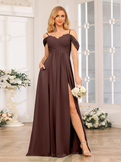 Forme Princesse Bretelles spaghetti Longue Robes de soirée de mariage avec Côté fendu et poches