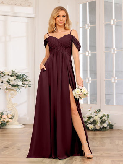 Forme Princesse Bretelles spaghetti Longue Robes de soirée de mariage avec Côté fendu et poches