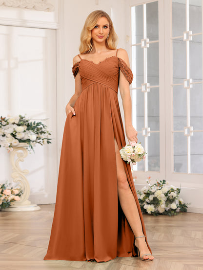 Forme Princesse Bretelles spaghetti Longue Robes de soirée de mariage avec Côté fendu et poches