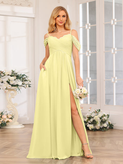 Forme Princesse Bretelles spaghetti Longue Robes de soirée de mariage avec Côté fendu et poches