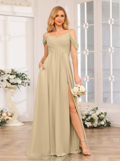 Forme Princesse Bretelles spaghetti Longue Robes de soirée de mariage avec Côté fendu et poches