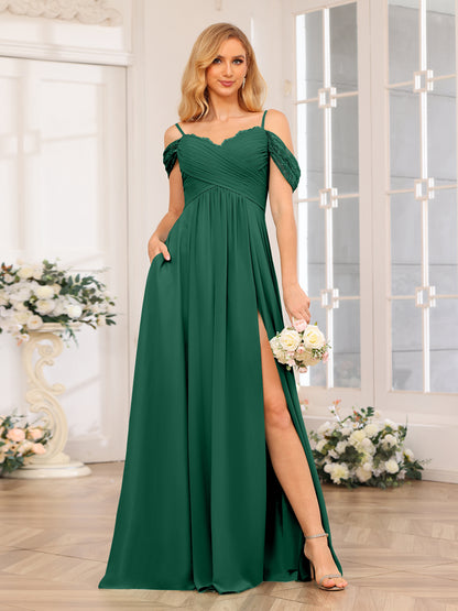 Forme Princesse Bretelles spaghetti Longue Robes de soirée de mariage avec Côté fendu et poches