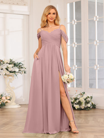 Forme Princesse Bretelles spaghetti Longue Robes de soirée de mariage avec Côté fendu et poches