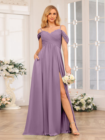 Forme Princesse Bretelles spaghetti Longue Robes de soirée de mariage avec Côté fendu et poches