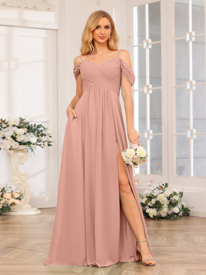 Forme Princesse Bretelles spaghetti Longue Robes de soirée de mariage avec Côté fendu et poches