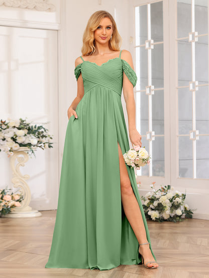 Forme Princesse Bretelles spaghetti Longue Robes de soirée de mariage avec Côté fendu et poches
