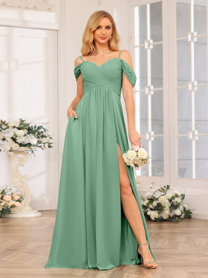 Forme Princesse Bretelles spaghetti Longue Robes de soirée de mariage avec Côté fendu et poches