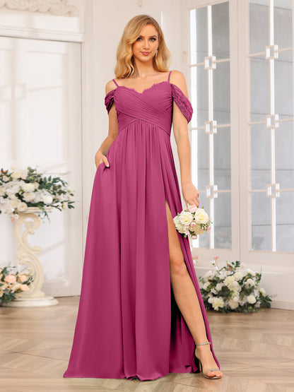 Forme Princesse Bretelles spaghetti Longue Robes de soirée de mariage avec Côté fendu et poches