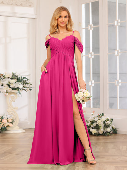 Forme Princesse Bretelles spaghetti Longue Robes de soirée de mariage avec Côté fendu et poches