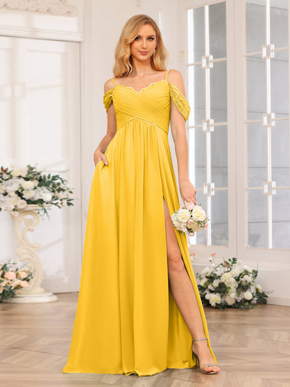 Forme Princesse Bretelles spaghetti Longue Robes de soirée de mariage avec Côté fendu et poches