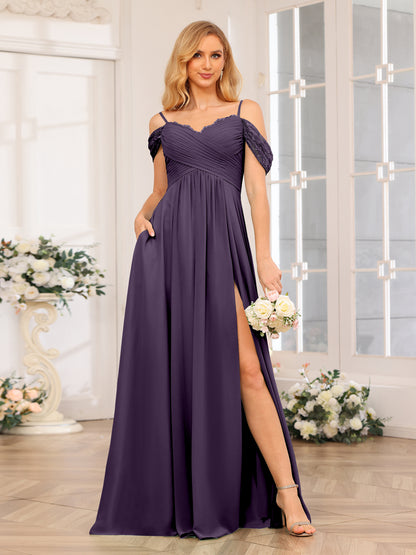 Forme Princesse Bretelles spaghetti Longue Robes de soirée de mariage avec Côté fendu et poches