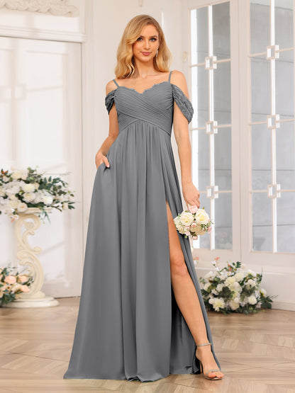 Forme Princesse Bretelles spaghetti Longue Robes de soirée de mariage avec Côté fendu et poches