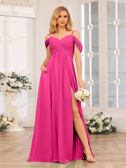 Forme Princesse Bretelles spaghetti Longue Robes de soirée de mariage avec Côté fendu et poches