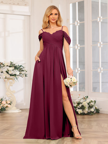 Forme Princesse Bretelles spaghetti Longue Robes de soirée de mariage avec Côté fendu et poches