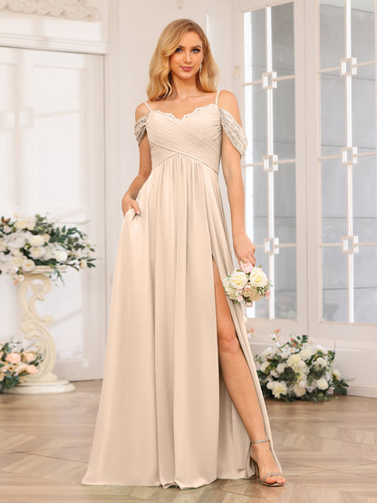 Forme Princesse Bretelles spaghetti Longue Robes de soirée de mariage avec Côté fendu et poches