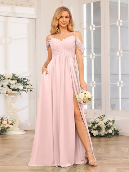 Forme Princesse Bretelles spaghetti Longue Robes de soirée de mariage avec Côté fendu et poches