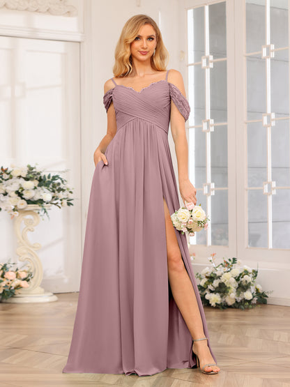 Forme Princesse Bretelles spaghetti Longue Robes de soirée de mariage avec Côté fendu et poches