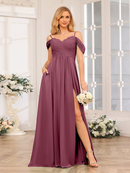 Forme Princesse Bretelles spaghetti Longue Robes de soirée de mariage avec Côté fendu et poches