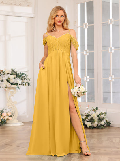 Forme Princesse Bretelles spaghetti Longue Robes de soirée de mariage avec Côté fendu et poches