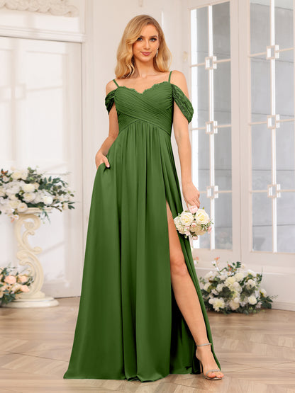 Forme Princesse Bretelles spaghetti Longue Robes de soirée de mariage avec Côté fendu et poches