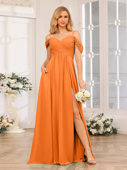 Forme Princesse Bretelles spaghetti Longue Robes de soirée de mariage avec Côté fendu et poches