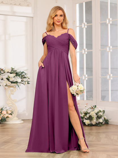 Forme Princesse Bretelles spaghetti Longue Robes de soirée de mariage avec Côté fendu et poches
