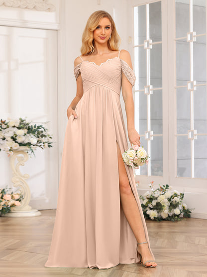 Forme Princesse Bretelles spaghetti Longue Robes de soirée de mariage avec Côté fendu et poches