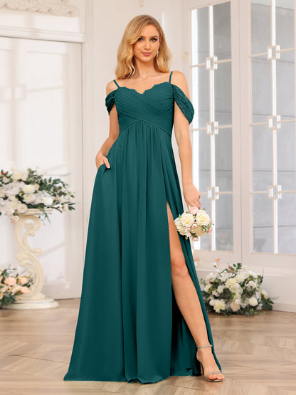 Forme Princesse Bretelles spaghetti Longue Robes de soirée de mariage avec Côté fendu et poches