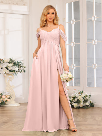 Forme Princesse Bretelles spaghetti Longue Robes de soirée de mariage avec Côté fendu et poches