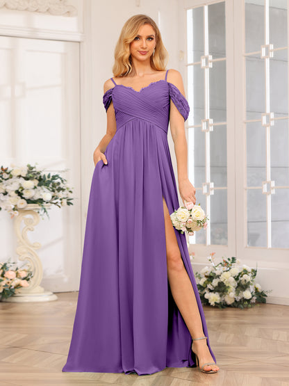 Forme Princesse Bretelles spaghetti Longue Robes de soirée de mariage avec Côté fendu et poches