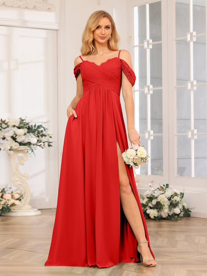 Forme Princesse Bretelles spaghetti Longue Robes de soirée de mariage avec Côté fendu et poches