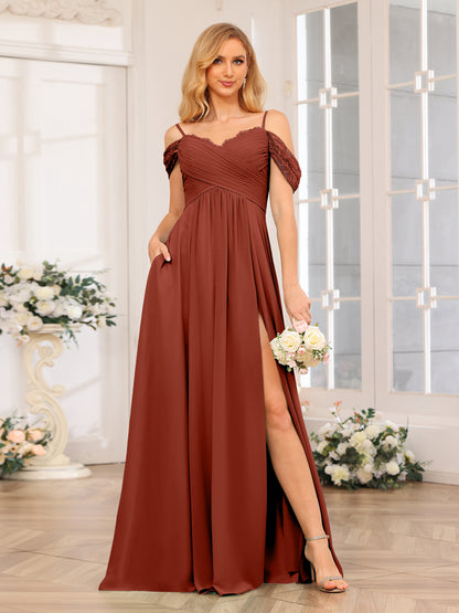 Forme Princesse Bretelles spaghetti Longue Robes de soirée de mariage avec Côté fendu et poches