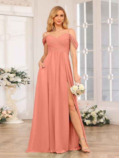 Forme Princesse Bretelles spaghetti Longue Robes de soirée de mariage avec Côté fendu et poches