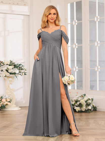 Forme Princesse Bretelles spaghetti Longue Robes de soirée de mariage avec Côté fendu et poches