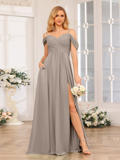 Forme Princesse Bretelles spaghetti Longue Robes de soirée de mariage avec Côté fendu et poches
