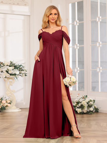 Forme Princesse Bretelles spaghetti Longue Robes de soirée de mariage avec Côté fendu et poches