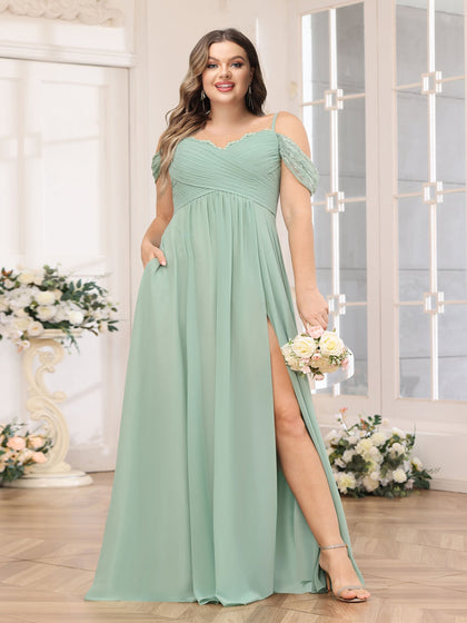 Robe de Mariée Longue Grande Taille, Coupe Trapèze/Princesse, Bretelles Spaghetti avec Fentes Latérales et Poches