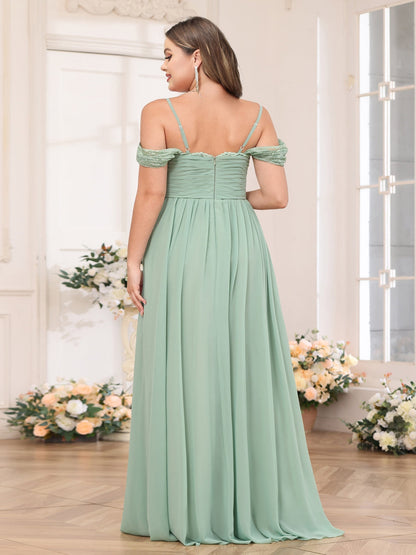 Robe de Mariée Longue Grande Taille, Coupe Trapèze/Princesse, Bretelles Spaghetti avec Fentes Latérales et Poches
