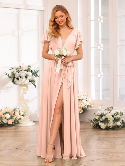 Forme Princesse Col en V Longue Robes de soirée de mariage avec Côté fendu et ceinture