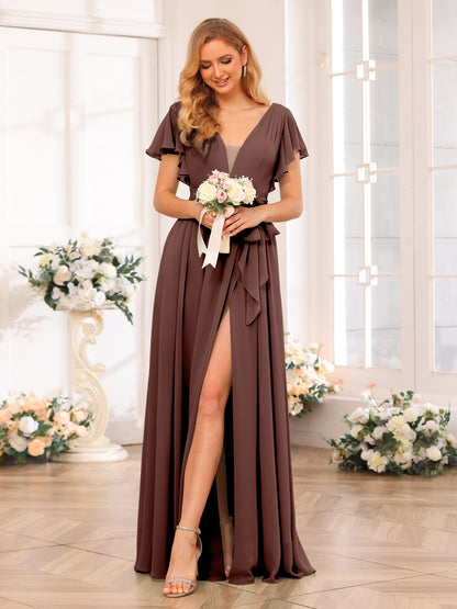 Forme Princesse Col en V Longue Robes de soirée de mariage avec Côté fendu et ceinture