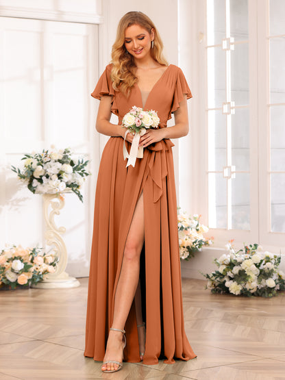 Forme Princesse Col en V Longue Robes de soirée de mariage avec Côté fendu et ceinture