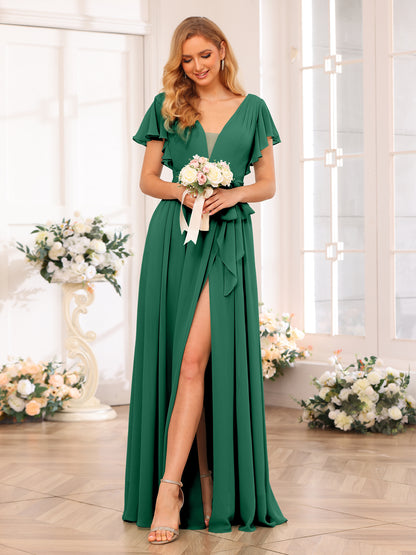 Forme Princesse Col en V Longue Robes de soirée de mariage avec Côté fendu et ceinture